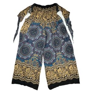 Bangkok Pants Smocked‎ Waist Jumpsuit Mandala Floral Boho Wide Leg One Size Blue